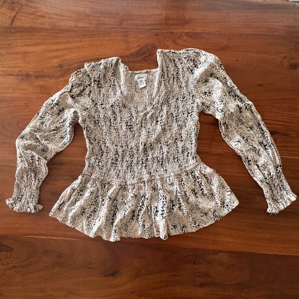 Jopna Smocked Peplum Long Sleeve Top Animal Print Tan & Black - Size Medium